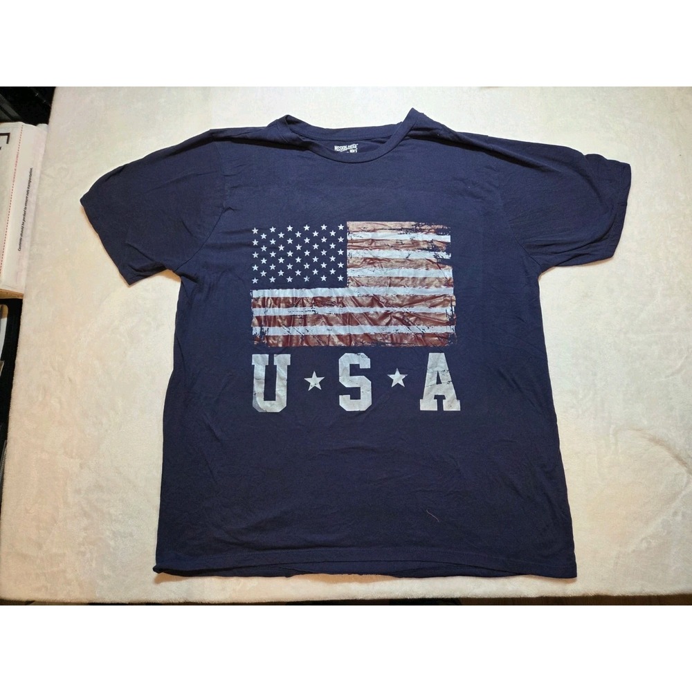 298. Mission Ridge Men's 2XL USA American Flag Graphic T-Shirt Navy Blue 60/40